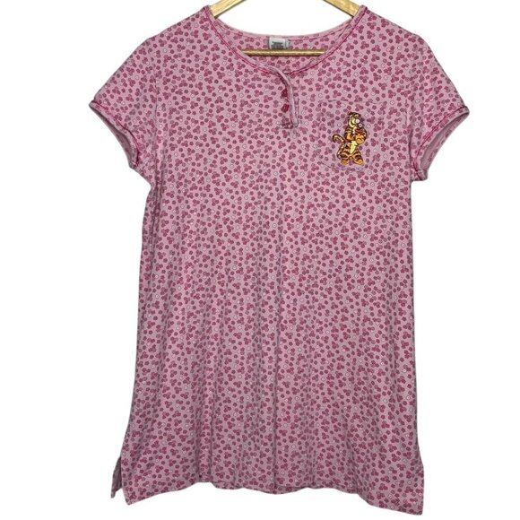 Disney Women's M Tigger Embroidered Pocket Tee Pink Cutesy Floral Lounge Pajama - Picture 1 of 5